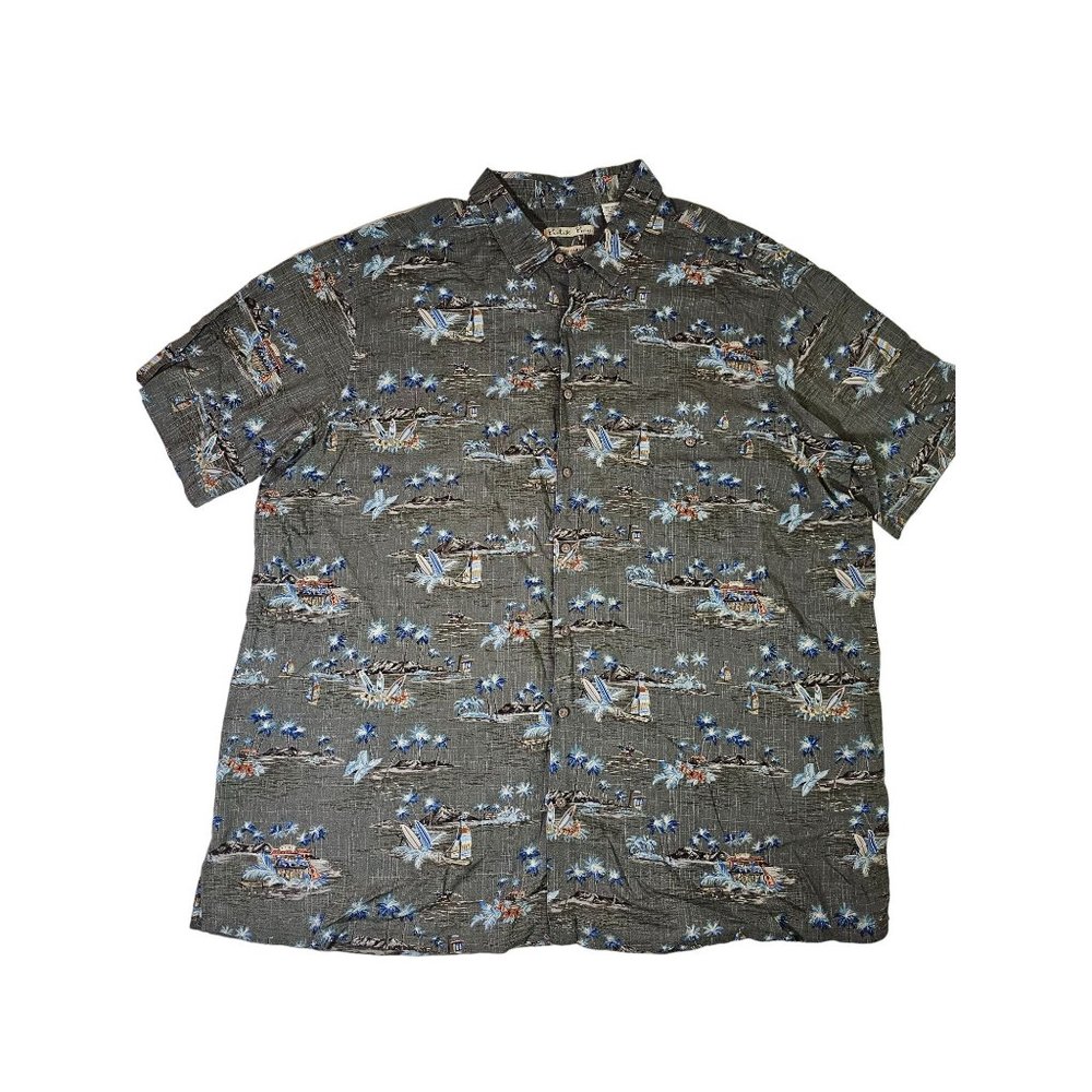 Batik Bay Men's Hawaiian Button-Down Shirt, Size 3XTL Palm Tree Surf Board Grey